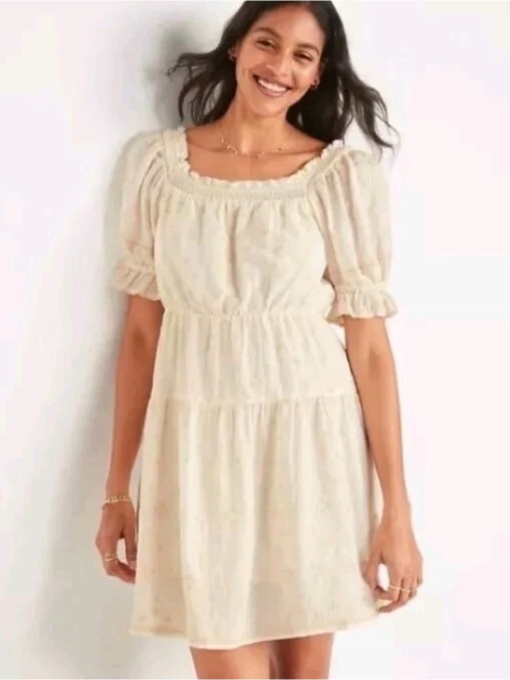 Old Navy Cream Embroidered Tiered Dress size Medium
